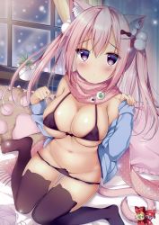 Rule 34 | 1girl, absurdres, animal ear fluff, animal ears, animal hands, artist name, bare shoulders, bell, bikini, bikini pull, black bikini, black thighhighs, blue jacket, blush, breasts, cat ears, cat girl, cat tail, cleavage, closed mouth, clothes pull, curtains, fringe trim, groin, hair ornament, hairclip, hands up, highres, indoors, jacket, jingle bell, large breasts, long hair, long sleeves, looking at viewer, melonbooks, navel, no shoes, off shoulder, open clothes, open jacket, original, pillow, pinching sleeves, pink hair, plant, polka dot, pom pom (clothes), potted plant, purple eyes, red ribbon, ribbon, scan, scarf, shibainu niki, sidelocks, sitting, skindentation, snowing, solo, stomach, swimsuit, tail, tail ornament, tail ribbon, thighhighs, twintails, wariza, window
