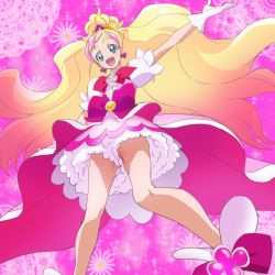 Rule 34 | 1girl, :d, aqua eyes, black gloves, blonde hair, bow, cure flora, gloves, go! princess precure, gradient hair, haruno haruka, haruyama kazunori, long hair, looking at viewer, magical girl, multicolored hair, open mouth, outstretched arm, pink background, pink hair, ponytail, precure, smile, solo, two-tone hair, waist bow