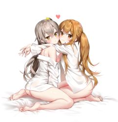 Rule 34 | 2girls, :3, ass, blush, breasts, brown eyes, brown hair, collared shirt, commentary request, feet, girls&#039; frontline, grey hair, hair between eyes, hair ornament, hairclip, heart, highres, hug, long hair, long sleeves, looking at viewer, marmoset (marmoset0), medium breasts, multiple girls, naked shirt, off shoulder, one side up, scar, scar across eye, scar on face, seiza, shirt, sitting, small breasts, smile, toes, twintails, ump45 (girls&#039; frontline), ump9 (girls&#039; frontline), wariza, white shirt, yellow eyes