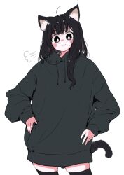 Rule 34 | 1girl, ahoge, animal ears, black eyes, black hair, black hoodie, blush, cat, cat ears, cat girl, cat tail, commentary request, cowboy shot, drawstring, eyelashes, hair over shoulder, hands on own hips, highres, hood, hoodie, long hair, looking at viewer, megateru, messy hair, original, oversized clothes, puff of air, simple background, sleeves past wrists, smile, solo, tail, tareme, thighhighs, white background, zettai ryouiki