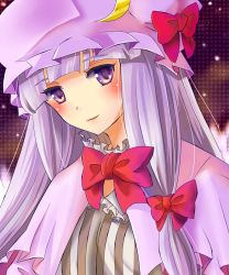 Rule 34 | 1girl, bad id, blush, bow, bowtie, crescent, female focus, gradient background, hair bow, hat, highres, long hair, patchouli knowledge, pochiron, purple eyes, purple hair, smile, solo, touhou, upper body