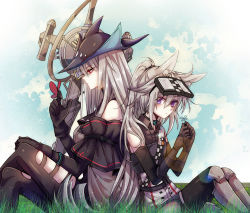 Rule 34 | 2girls, animal ears, arknights, back-to-back, blush, bug, butterfly, butterfly on hand, chinese commentary, commentary request, crossed legs, elbow gloves, flower, gloves, grani (arknights), grass, hair between eyes, hair tie, hat, highres, holding, holding flower, horse ears, horse girl, insect, long hair, multiple girls, nga (ray ray), outdoors, ponytail, profile, purple eyes, red eyes, silver hair, sitting, skadi (arknights), skadi (elite ii) (arknights), sky, sweat, visor