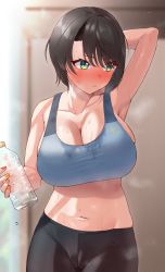 Rule 34 | 1girl, :&lt;, alternate breast size, arm up, armpits, black hair, blue eyes, blush, breasts, cleavage, collarbone, frikulu, highres, holding, hololive, large breasts, looking at viewer, looking to the side, midriff, nail polish, navel, oozora subaru, pants, plastic bottle, short hair, solo, sweat, tank top, virtual youtuber, yoga pants