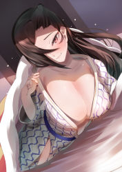 Rule 34 | absurdres, bed, blush, breasts, brown hair, cleavage, fire emblem, fire emblem fates, hair over one eye, highres, japanese clothes, kagero (fire emblem), kimono, large breasts, long hair, nintendo, red eyes, smile, under covers, yukata