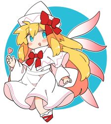 Rule 34 | 1girl, blonde hair, blue eyes, blush, capelet, dress, fairy, fairy wings, full body, hair between eyes, hat, highres, ini (inunabe00), lily white, long hair, long sleeves, open mouth, red footwear, shoes, smile, socks, solo, touhou, white capelet, white dress, white hat, white socks, wings