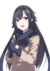 Rule 34 | 1girl, :d, absurdres, bad id, bad pixiv id, black hair, blue eyes, eyebrows, girls&#039; frontline, gloves, hair between eyes, hairband, highres, inxst, jacket, long hair, looking at viewer, messy hair, mole, mole under eye, open mouth, own hands together, scarf, smile, solo, super sass (girls&#039; frontline), very long hair