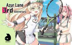 Rule 34 | 2girls, :3, :d, absurdres, anniversary, azur lane, bache (azur lane), bache (showy sports star) (azur lane), bare shoulders, blonde hair, blush, bottle, breasts, bremerton (azur lane), bremerton (scorching-hot training) (azur lane), chain-link fence, cleavage, clothing cutout, collared dress, collared shirt, commentary request, copyright name, covered navel, cowboy shot, crop top, crop top overhang, detached sleeves, dress, fangs, fence, green-tinted eyewear, green skirt, grey hair, groin, gudon (iukhzl), hair between eyes, hair intakes, hair ornament, hairclip, hat, heart, heart cutout, heart necklace, highres, holding, holding bottle, holding racket, jewelry, large breasts, long hair, looking at viewer, midriff, mole, mole under eye, multicolored hair, multiple girls, navel, navel piercing, necklace, open mouth, piercing, pink eyes, pink hair, purple eyes, racket, shirt, sidelocks, single thighhigh, skindentation, skirt, sleeveless, sleeveless shirt, small breasts, smile, sportswear, standing, streaked hair, tennis, tennis court, tennis dress, tennis net, tennis racket, tennis uniform, thigh strap, thighhighs, tinted eyewear, twintails, two-tone hair, two-tone shirt, two-tone skirt, two side up, visor cap, water bottle, white dress, white legwear, white shirt, white skirt, x hair ornament, zettai ryouiki