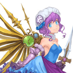 Rule 34 | 1girl, bare shoulders, black gloves, blue eyes, blush, breasts, cleavage, clock, collarbone, covered navel, dagger, dress, frills, gloves, hat, holding, jyon, knife, mechanical wings, pink hair, puzzle &amp; dragons, short hair, simple background, skuld (p&amp;d), small breasts, solo, strapless, strapless dress, vambraces, weapon, white background, wings