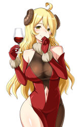 Rule 34 | 1girl, ahoge, bare shoulders, blush, breasts, character request, collarbone, commentary request, copyright request, cup, dress, drinking glass, elbow gloves, gloves, green eyes, hair between eyes, highres, horns, large breasts, looking at viewer, navel, red dress, red gloves, red wine, simple background, smile, solo, white background, wine glass, zaxwu
