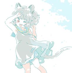 Rule 34 | 1girl, :d, animal ears, blue sailor collar, blush, commentary request, cowboy shot, dress, grey dress, hand up, looking at viewer, mitsumoto jouji, mouse ears, mouse tail, nazrin, one eye closed, open mouth, red eyes, sailor collar, sailor dress, short hair, smile, solo, tail, touhou