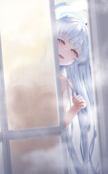 Rule 34 | 1girl, blue archive, blush, breast press, completely nude, grey hair, halo, highres, long hair, looking at viewer, noa (blue archive), nude, peeking out, purple eyes, smile, solo, steam, straight hair, tagme, very long hair, yoru0409