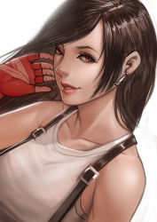 Rule 34 | 1990s (style), 1girl, bad id, bad pixiv id, earrings, final fantasy, final fantasy vii, gloves, jewelry, long hair, realistic, retro artstyle, simple background, smile, solo, square enix, suspenders, tifa lockhart, zakusi