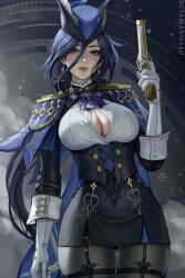 Rule 34 | 1girl, black skirt, blue hair, blue hat, breasts, cape, cleavage, clorinde (genshin impact), corset, earrings, epaulettes, genshin impact, gloves, gun, hair between eyes, hat, hat feather, highres, holding, holding gun, holding weapon, jewelry, large breasts, long hair, miniskirt, pantyhose, purple eyes, sciamano240, skirt, solo, tricorne, vision (genshin impact), weapon, white gloves