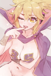 Rule 34 | 1girl, blonde hair, bracelet, breasts, cape, collarbone, earmuffs, highres, jewelry, looking at viewer, medium breasts, mons pubis, navel, open mouth, pasties, pointy hair, pubic hair, purple cape, purple lips, senmura, tongue, tongue out, touhou, toyosatomimi no miko, yellow eyes