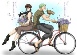 Rule 34 | 1boy, 1girl, back-to-back, basket, bicycle, black footwear, black hair, brown dress, cabbie hat, chikichiki (robitema), dress, eating, flower, food, from side, green hair, hat, high heels, holding, holding food, long hair, looking at viewer, looking to the side, nico robin, no socks, one piece, pants, petals, riding, roronoa zoro, sandals, sandwich, shoes, short hair, short sleeves, sitting, sleeveless, sleeveless dress, socks
