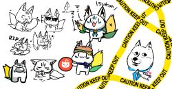 Rule 34 | :3, among us, animal ear fluff, animal ears, blue neckerchief, burger, caution tape, commentary request, corn, crewmate (among us), cup, doge, earrings, eating, food, fox ears, fox tail, highres, holding, holding cup, holding food, hololive, jewelry, keep out, lying, making-of available, neckerchief, no humans, on back, reddit logo, shirakami fubuki (artist), simple background, sukonbu (shirakami fubuki), sunglasses, tail, virtual youtuber, white background, yunomi