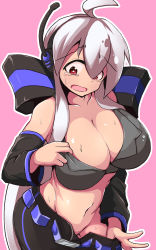 Rule 34 | 1girl, blush, breasts, crying, embarrassed, fang, hair between eyes, highres, ikuzonomiki12, large breasts, long hair, no panties, open mouth, red eyes, silver hair, skin fang, solo, sweat, tearing up, tears, vocaloid, wavy mouth, yowane haku