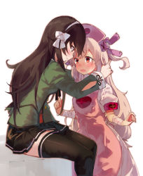 Rule 34 | .live, 2girls, apron, armband, bandages, black legwear, black skirt, blush, bow, bow hairband, breasts, brown hair, closed mouth, commentary, feet out of frame, from side, green shirt, hair between eyes, hair bow, hair ornament, hairband, hands in hair, hat, heart, highres, lamb (hitsujiniku), light brown hair, long hair, long sleeves, looking at another, looking down, miniskirt, multiple girls, natori sana, nurse cap, open mouth, pink apron, pink headwear, pleated skirt, puffy short sleeves, puffy sleeves, rabbit hair ornament, red eyes, sana channel, shirt, short sleeves, simple background, sitting, skirt, small breasts, smile, thighhighs, thighs, two side up, virtual youtuber, white background, white bow, white hairband, yaezawa natori, yuri, zettai ryouiki