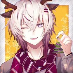 Rule 34 | 1boy, animal ears, antlers, border, christmas ornaments, christmas tree, collar x malice, deer ears, grey hair, highres, horns, jewelry, looking at viewer, male focus, multicolored hair, necklace, okazaki kei, one eye closed, open mouth, purple eyes, red hair, red scarf, reindeer antlers, reindeer boy, scarf, short hair, smile, solo, striped clothes, striped scarf, tiboom, white border, white hair, white scarf, yellow background