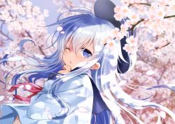 Rule 34 | 1girl, ;o, anchor symbol, blue eyes, blush, branch, cherry blossoms, commentary, finger to mouth, flat cap, flower, hair between eyes, hat, hibiki (kancolle), kantai collection, long hair, long sleeves, looking at viewer, motohara moka, neckerchief, one eye closed, open mouth, outdoors, petals, red neckerchief, sailor collar, school uniform, serafuku, silver hair, solo, standing, tree