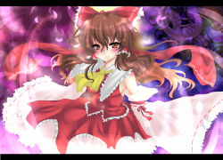 Rule 34 | 1girl, bad id, bad pixiv id, bow, brown hair, detached sleeves, female focus, gradient background, hakurei reimu, japanese clothes, letterboxed, long hair, miko, nanato, orange eyes, solo, touhou