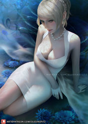 Rule 34 | 1girl, blonde hair, blue eyes, breasts, cleavage, dress, earrings, final fantasy, final fantasy xv, flower, gloves, half gloves, jewelry, large breasts, lips, looking at viewer, lunafreya nox fleuret, necklace, olesyaspitz, patreon logo, pearl necklace, ponytail, short hair, short ponytail, sitting, solo, watermark, web address, white dress, white gloves