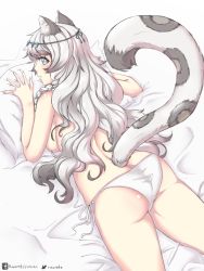 Rule 34 | 1girl, animal ears, arknights, artist name, ass, bed sheet, breasts, commentary, convenient arm, cowboy shot, from behind, grey eyes, hand up, head chain, highres, jewelry, leopard ears, leopard tail, long hair, looking at viewer, looking back, lying, medium breasts, on stomach, panties, pillow, pramanix (arknights), profile, razrafz, side-tie panties, silver hair, solo, tail, thighs, topless, underwear, white panties