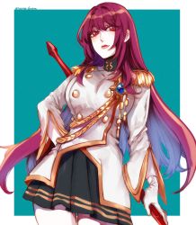 Rule 34 | 1girl, araimin, buttons, epaulettes, fate/grand order, fate (series), gae bolg (fate), gloves, hair intakes, highres, holding, holding weapon, jacket, light smile, long hair, long sleeves, looking at viewer, military, military jacket, military uniform, official alternate costume, pleated skirt, purple hair, red eyes, scathach (fate), scathach (makyou sergeant) (fate), skirt, solo, uniform, weapon