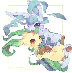 Rule 34 | :d, bad id, bad twitter id, blue eyes, blush, brown eyes, commentary request, creatures (company), fang, game freak, gen 4 pokemon, glaceon, hideko (l33l3b), highres, hug, leaf, leafeon, nintendo, one eye closed, open mouth, parted lips, pokemon, pokemon (creature), simple background, smile, twitter username, white background
