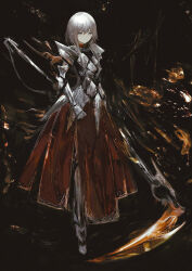 Rule 34 | 1girl, arm at side, armor, armored dress, breastplate, closed mouth, dress, expressionless, full body, greaves, grey eyes, grey hair, hair between eyes, highres, holding, holding scythe, long dress, long hair, looking at viewer, original, pauldrons, red dress, scythe, shoulder armor, sidelocks, solo, tuda6, vambraces