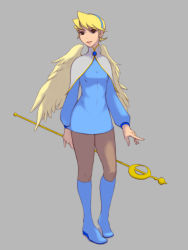 Rule 34 | 1girl, angel wings, blonde hair, blue eyes, blue footwear, boots, breasts, breath of fire, breath of fire iv, capcom, commentary request, derivative work, dress, earrings, full body, hairband, highres, jewelry, knee boots, looking at viewer, nina (breath of fire iv), pantyhose, short hair, simple background, skirt, small breasts, solo, staff, standing, tetsuya mk2, weapon, white wings, wings