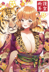 Rule 34 | 1girl, animal ears, black nails, blush, breasts, chinese zodiac, cleavage, collarbone, fangs, fur-trimmed kimono, fur trim, highres, japanese clothes, kimono, large breasts, medium hair, meesuke, nail polish, new year, open mouth, orange hair, original, tiger, tiger ears, year of the tiger