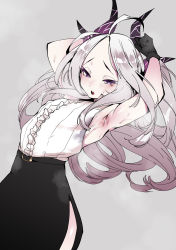 Rule 34 | 1girl, ahoge, armpits, arms up, black gloves, blue archive, blush, flat chest, gloves, grey background, grey hair, highres, hina (blue archive), horns, kobo (cobo 0609), long hair, open mouth, pencil skirt, purple eyes, simple background, skirt, solo, teeth