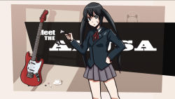 Rule 34 | 1girl, animal ears, black eyes, black hair, cat ears, crossover, cup, electric guitar, guitar, hand on own hip, hip focus, instrument, k-on!, long hair, nakano azusa, parody, plectrum, school uniform, skirt, sniper (tf2), solo, teacup, team fortress 2, twintails, yamada marin