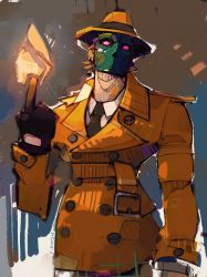 Rule 34 | black necktie, blouse, brown hat, coat, collared shirt, fire, g (street fighter), green mask, hat, looking at viewer, male focus, michaelfirman, necktie, pointing, pointing up, purple eyes, shirt, solo, street fighter, trench coat, white shirt