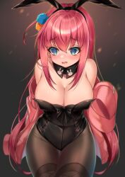 Rule 34 | 1girl, @ @, absurdres, animal ears, arms behind back, black leotard, black pantyhose, blush, bocchi the rock!, breasts, brown pantyhose, cleavage, cube hair ornament, detached collar, fake animal ears, gotoh hitori, hair ornament, highleg, highleg leotard, highres, jacket, large breasts, leotard, looking to the side, narurock8925, pantyhose, pink hair, pink jacket, playboy bunny, rabbit ears, side ahoge, strapless, strapless leotard, wrist cuffs