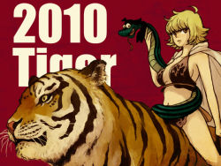 Rule 34 | 10s, 1girl, 2010, amazon lily, amazon warrior, bad id, bad pixiv id, blonde hair, brown eyes, cape, chinese zodiac, cloak, forked tongue, itoko, marguerite (one piece), new year, one piece, short hair, snake, solo, tiger, tiger (chinese zodiac), tongue