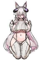 animal_ears bandaid bandaids_on_nipples belly breasts commission fraeya_(vtuber) highres horns indie_virtual_youtuber kurowanjjyang large_breasts meme_attire navel pale_skin pasties virgin_destroyer_sweater virtual_youtuber wolf_ears