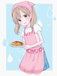 Rule 34 | 1girl, apron, bandana, blue background, blue skirt, blush, border, brown eyes, brown hair, chef hat, commentary request, cropped legs, food, hat, highres, holding, holding plate, looking at viewer, medium hair, omelet, omurice, open mouth, original, pink apron, pink bandana, plate, puffy short sleeves, puffy sleeves, shirt, short sleeves, skirt, solo, standing, toque blanche, twintails, waramugu, white border, white shirt