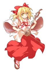 Rule 34 | 1girl, alphes (style), blonde hair, bow, commentary request, dairi, erhu, full body, hair bow, hair ornament, holding, holding instrument, instrument, long skirt, looking at viewer, medium hair, music, parody, playing instrument, red bow, red ribbon, red skirt, ribbon, sandals, satsuki rin, skirt, smile, solo, style parody, tabi, tachi-e, touhou, transparent background, wide sleeves, yellow eyes, yellow pupils, zouri