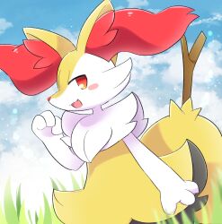 Rule 34 | 1girl, :3, animal ear fluff, animal ears, animal hands, animal nose, arm at side, black fur, blue sky, blush, blush stickers, body fur, braixen, cloud, creatures (company), day, fang, female focus, flat chest, fox ears, fox girl, fox tail, game freak, gen 6 pokemon, grass, hand up, happy, lens flare, looking at viewer, multicolored fur, neck fur, nintendo, open mouth, outdoors, pokemon, pokemon (creature), red eyes, sky, smile, snout, solo, standing, stick, tail, unimaru (unimaru9751137), white fur, yellow fur
