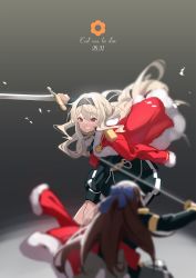 Rule 34 | 2girls, arm up, back bow, belt, black hairband, black jacket, black skirt, blonde hair, blue bow, blurry, blurry foreground, bow, brown hair, commentary request, dated, depth of field, duel, epaulettes, facing away, fataaa, floating hair, flower (symbol), french text, fur-trimmed jacket, fur trim, gradient background, grey background, grey bow, grey skirt, grin, hair between eyes, hair bow, hairband, highres, holding, holding sword, holding weapon, jacket, jacket on shoulders, leaning forward, light particles, long hair, long sleeves, looking at another, miniskirt, multiple girls, pleated skirt, red eyes, red jacket, red sash, saijou claudine, sash, shoujo kageki revue starlight, sidelocks, single stripe, skirt, smile, spotlight, standing, striped clothes, striped skirt, sweat, sword, tassel, tendou maya, translated, v-shaped eyebrows, weapon