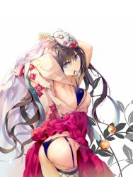Rule 34 | 1girl, armpits, arms behind head, ass, bad id, bad pixiv id, bell, black hair, black panties, blue eyes, bra, clothes lift, ddaomphyo, garter straps, highres, japanese clothes, jingle bell, long hair, looking at viewer, looking back, mask, miko, mouth hold, original, panties, single thighhigh, skirt, skirt lift, solo, thighhighs, underwear, veil, very long hair