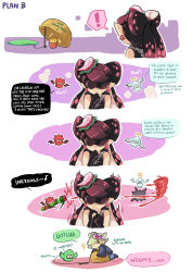Rule 34 | !, 2girls, agent 4 (splatoon), basket, black gloves, black hair, black shirt, callie (splatoon), catchphrase, closed mouth, comic, commentary, drop trap, earrings, english text, fingerless gloves, food, food on head, french fries, frown, gloves, gomipomi, halo, highres, horns, inkling, inkzooka (splatoon), jewelry, marie (splatoon), multiple girls, nintendo, object on head, pointy ears, shirt, shoulder angel, shoulder devil, sleeveless, sleeveless shirt, splatoon (series), spoken exclamation mark, squid, sushi, sweatdrop, tentacle hair