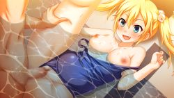 Rule 34 | 1boy, 1girl, :d, bare arms, bare shoulders, blue eyes, blue one-piece swimsuit, blush, bokura no himitsu kichi daisakusen ~escape hito natsu no omoide~, breasts, breasts out, censored, clothed female nude male, clothes pull, clothing aside, collarbone, dice hair ornament, dutch angle, game cg, hair between eyes, hair ornament, happy sex, head out of frame, hetero, leg up, long hair, looking at another, medium breasts, mosaic censoring, navel, nipples, nude, one-piece swimsuit, one-piece swimsuit pull, open mouth, out of frame, partially submerged, penis, pussy, sex, shiny skin, smile, solo focus, spread legs, stomach, strap slip, swimsuit, swimsuit aside, toeru, tryset, tsurime, twintails, vaginal, water, water drop, water surface