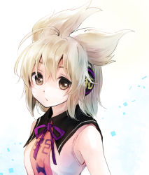 Rule 34 | 1girl, bare shoulders, blonde hair, brown eyes, dress, earmuffs, looking at viewer, makuwauri, ribbon, short hair, simple background, sleeveless, solo, touhou, toyosatomimi no miko, upper body, white background