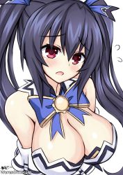 Rule 34 | 1girl, absurdres, bare shoulders, black hair, breasts, cleavage, collar, dress, embarrassed, eyes visible through hair, flustered, hair between eyes, highres, long hair, medium breasts, neptune (series), noire (neptunia), open mouth, red eyes, ribbon, shy, surprised, tsundere, twintails, upper body, vvvtune, weresdrim