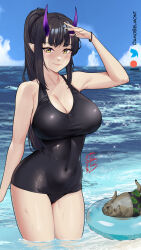 Rule 34 | 1girl, animal, bare arms, bare shoulders, black hair, black one-piece swimsuit, blue sky, breasts, character request, cleavage, cloud, commentary, copyright request, damobelmont, day, highres, horns, innertube, large breasts, long hair, looking at viewer, ocean, one-piece swimsuit, pink lips, pointy ears, sky, smile, solo, swim ring, swimsuit, thighs, very long hair, wading, water, yellow eyes