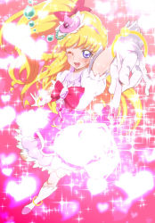 Rule 34 | 1girl, ;d, asahina mirai, blonde hair, blush, boots, bracelet, cure miracle, dress, full body, gem, gloves, hairband, hat, holding, jewelry, knee boots, looking at viewer, magical girl, mahou girls precure!, mini hat, mini witch hat, one eye closed, open mouth, pearl (gemstone), pink background, pink dress, pink eyes, pink hat, precure, puffy short sleeves, puffy sleeves, short sleeves, simple background, smile, solo, sparkle, tj-type1, white footwear, white gloves, witch hat