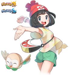 Rule 34 | 1girl, black hair, blue eyes, cowboy shot, creatures (company), from behind, game freak, gen 7 pokemon, green shorts, hat, highres, looking at viewer, looking back, loose clothes, mr.thunderigor, nintendo, open mouth, pokemon, pokemon (creature), pokemon sm, red headwear, rowlet, selene (pokemon), shirt, short hair, short shorts, short sleeves, shorts, simple background, smile, standing, teeth, tongue, upper teeth only, white background, white shirt, wristband, yellow shirt